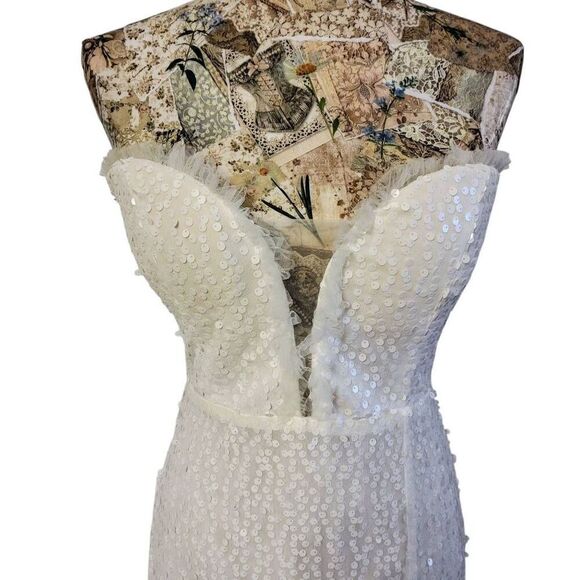 Formal Dress White Sparkle Sequin Mermaid Sweetheart Split Long Maxi Gown Train - Picture 7 of 11